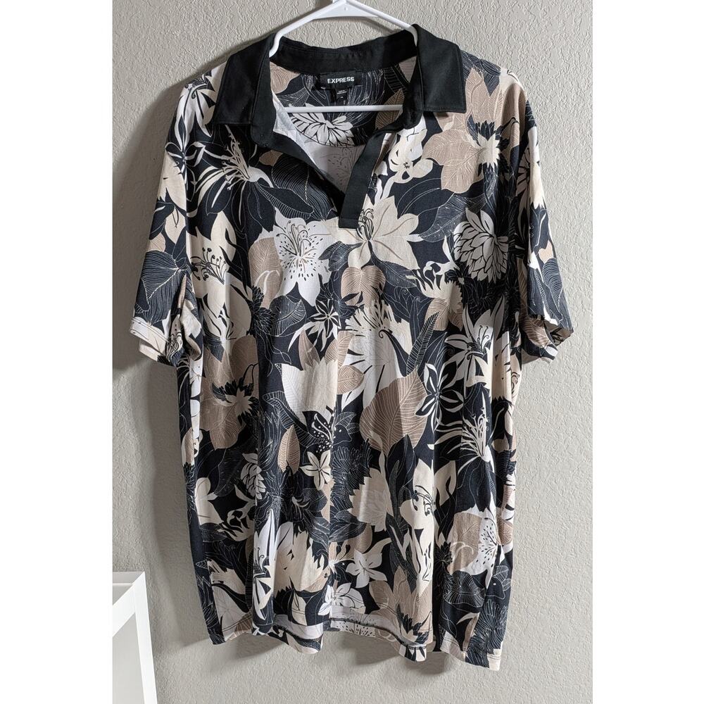 Express‎ Men's XL Botanical Floral Print Open Collar Polo Shirt NWOT